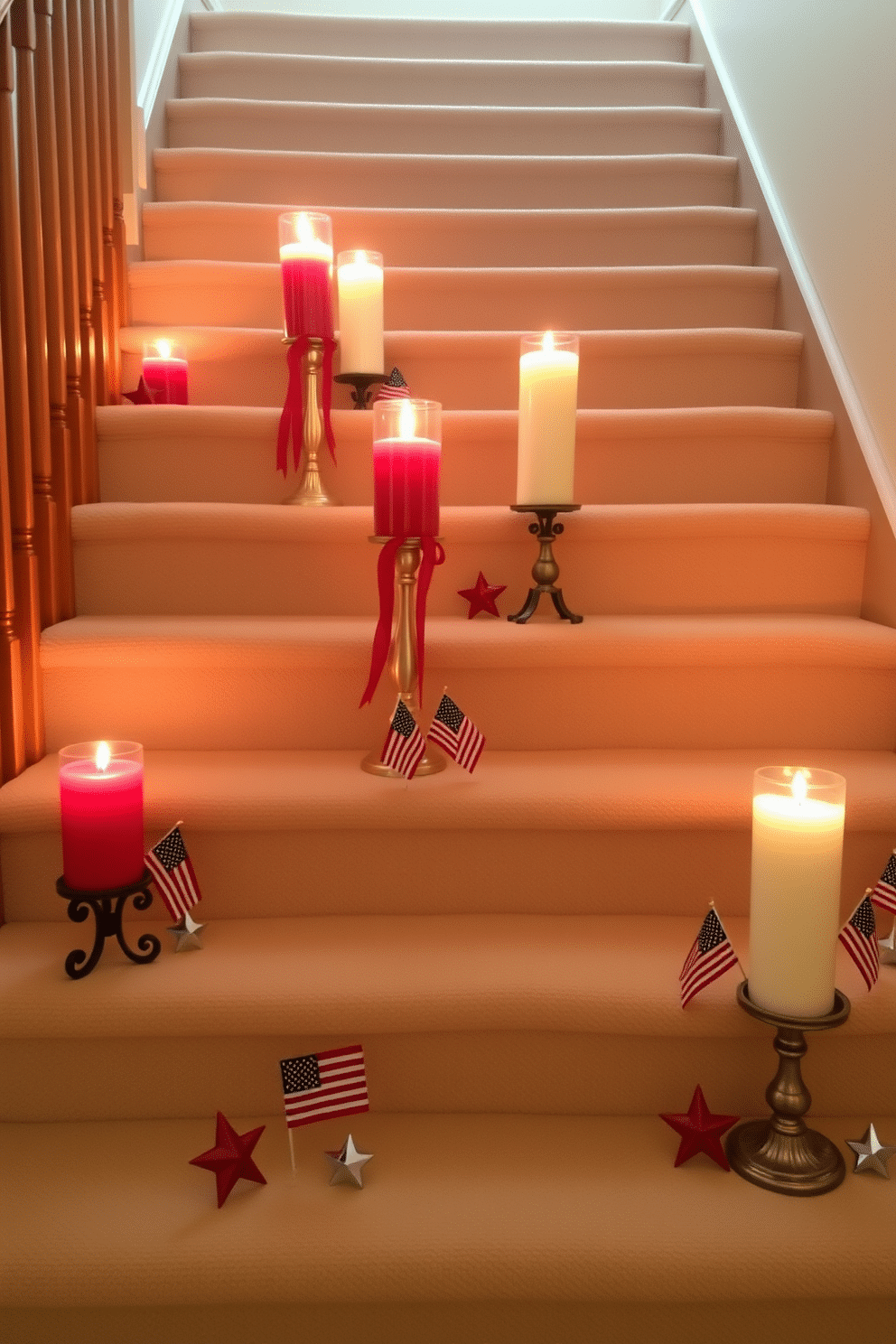 Patriotic themed candles line the steps, creating a warm and festive atmosphere for Independence Day celebrations. The candles are arranged in varying heights, featuring red, white, and blue hues that enhance the holiday spirit. Each candle is placed on a decorative holder, adding elegance to the staircase design. Surrounding the candles are small American flags and star-shaped accents, further emphasizing the patriotic theme.