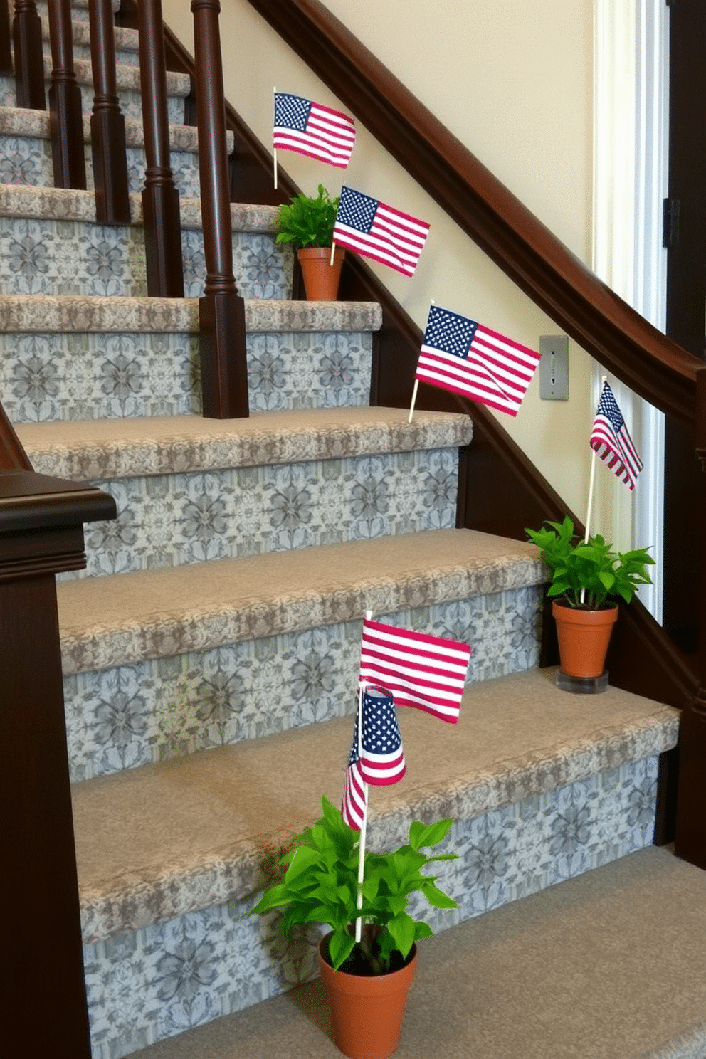 Mini flag centerpieces are placed on each staircase landing, creating a festive atmosphere for Independence Day. The flags are arranged in small decorative pots, enhancing the patriotic theme while adding a touch of charm to the staircase.