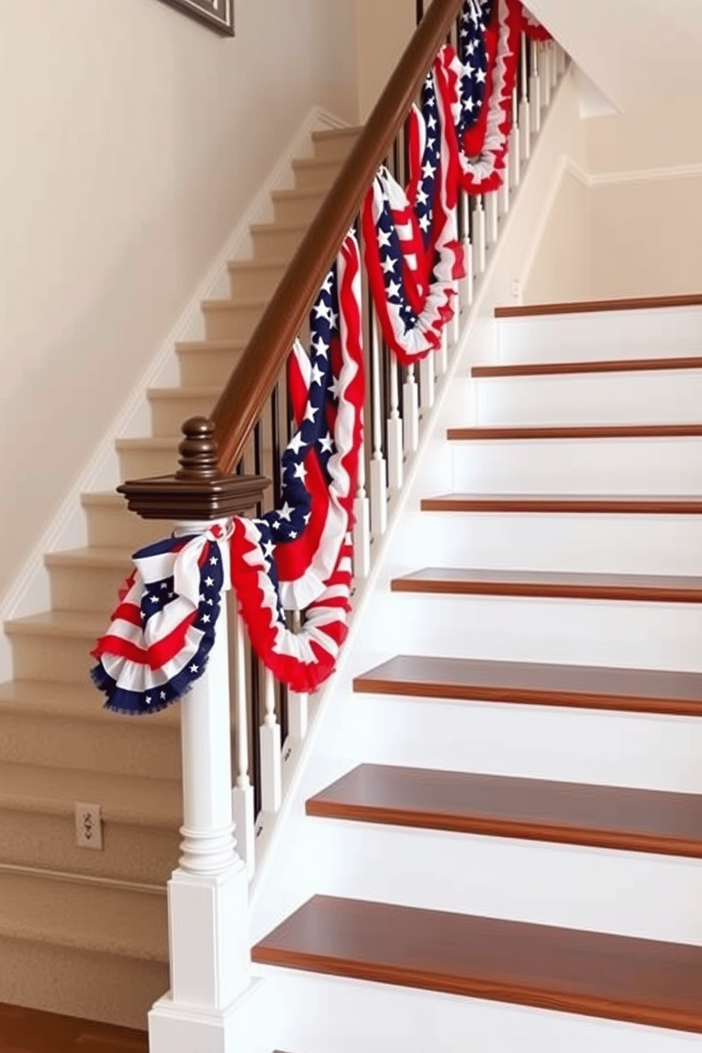 A festive staircase adorned with star spangled bunting draping elegantly from the railings. The vibrant red, white, and blue colors create a patriotic atmosphere perfect for Independence Day celebrations.