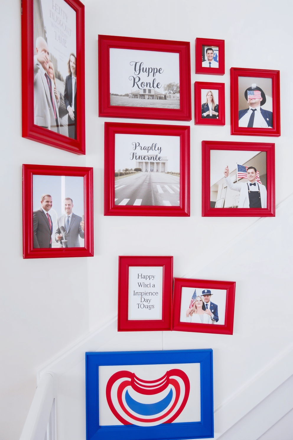 A vibrant staircase adorned with red white and blue themed picture frames celebrating Independence Day. The frames are arranged in a staggered pattern, showcasing patriotic photos and artwork against a crisp white wall.