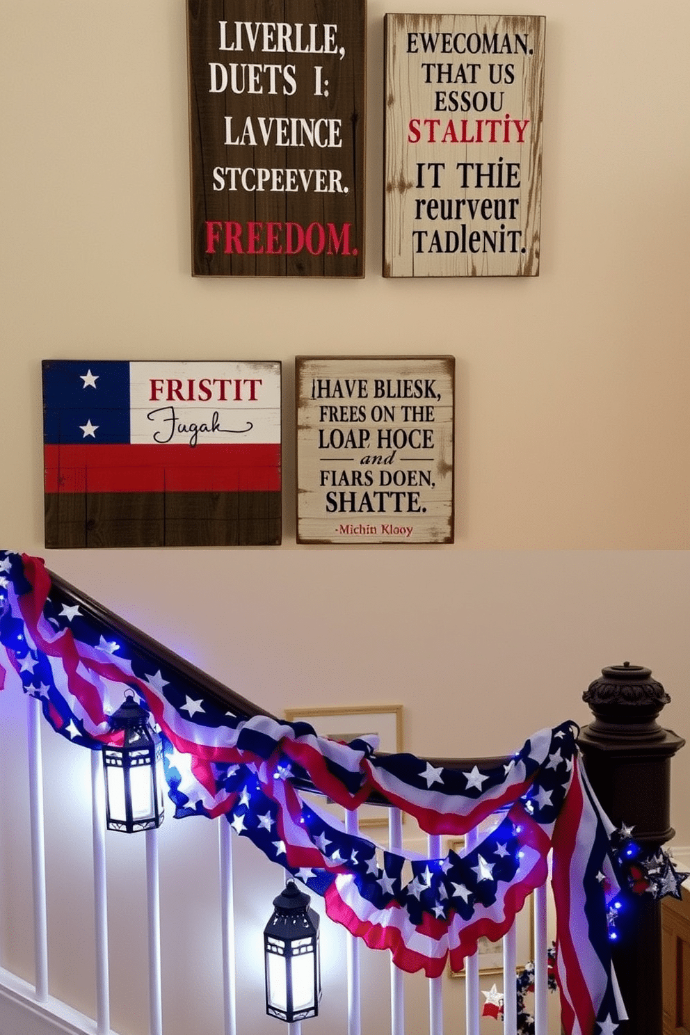 Decorative signs with patriotic quotes. The signs are made of rustic wood with bold lettering in red, white, and blue, featuring inspirational phrases about freedom and unity. Independence Day staircase decorating ideas. The staircase is adorned with a mix of garlands made of stars and stripes, along with hanging lanterns that illuminate the space with a festive glow.