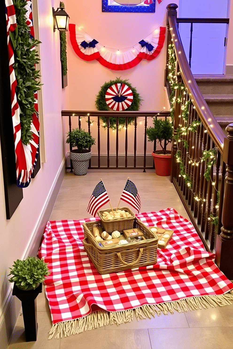 A charming staircase landing adorned with a festive picnic setup. A red and white checkered blanket is spread out, with a wicker basket filled with treats and a small American flag centerpiece. The walls are decorated with patriotic bunting in red, white, and blue. Soft fairy lights are strung along the railing, creating a warm and inviting atmosphere for Independence Day celebrations.