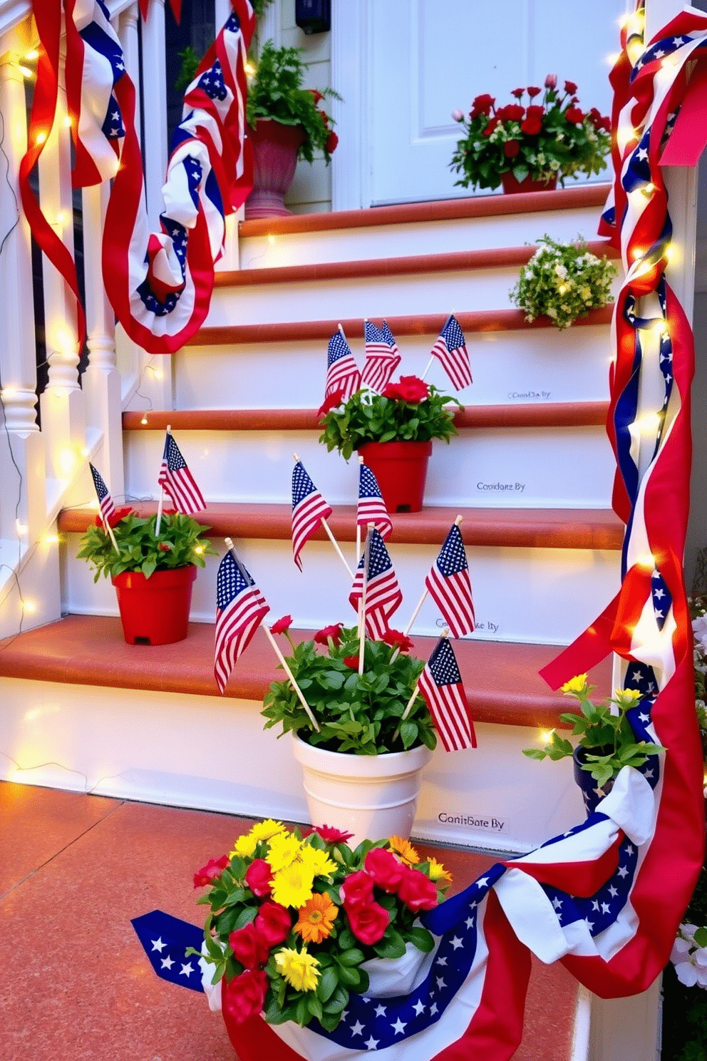 A festive staircase adorned with miniature American flags nestled in vibrant flower pots. The steps are decorated with red white and blue bunting alongside twinkling fairy lights creating a celebratory atmosphere for Independence Day.