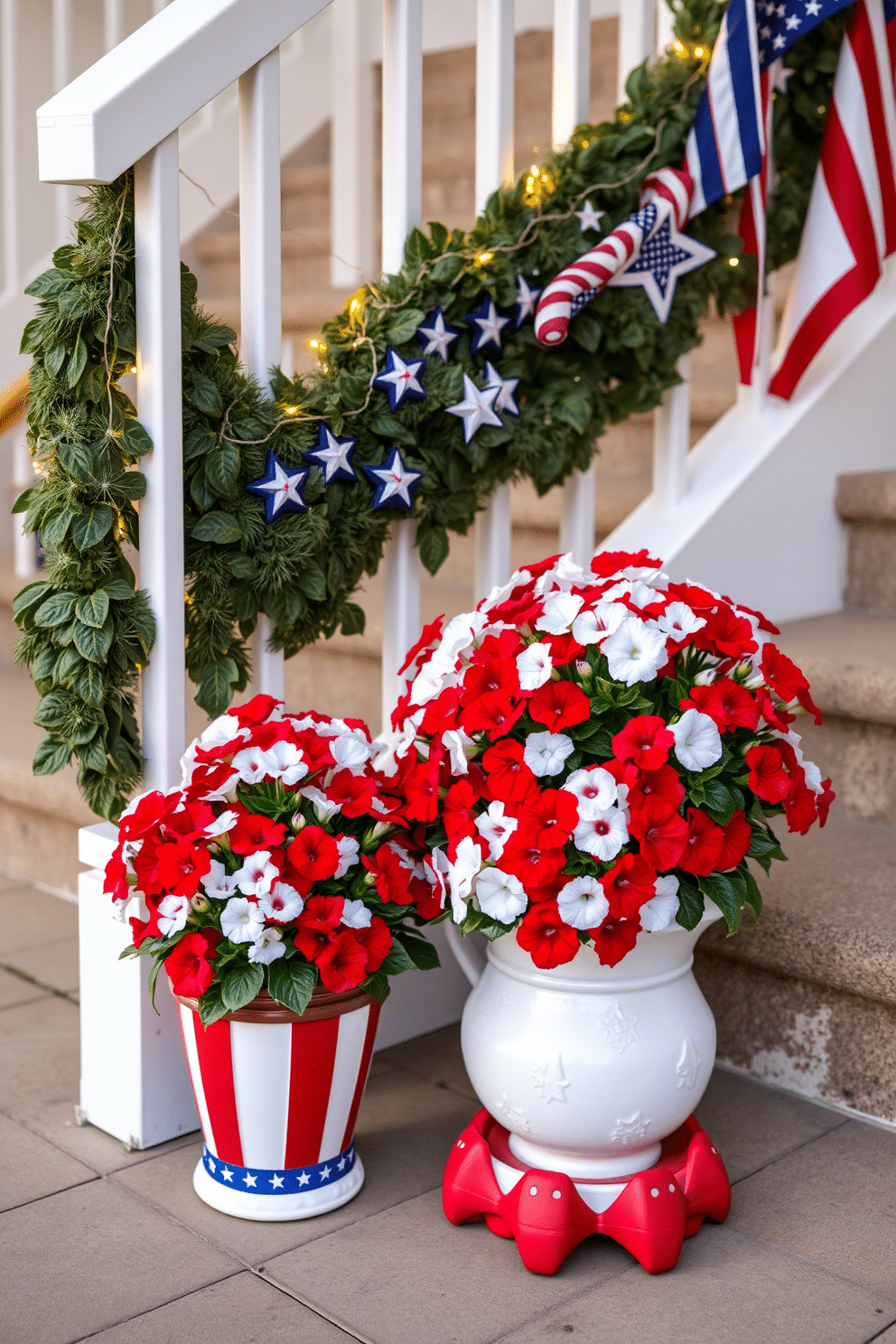 A vibrant display of patriotic colored petunias in decorative pots is placed along the staircase. The bright red, white, and blue flowers create a festive atmosphere, perfectly celebrating Independence Day. The staircase is adorned with elegant garlands featuring stars and stripes, enhancing the patriotic theme. Subtle fairy lights are interwoven among the decorations to add a warm glow during evening celebrations.