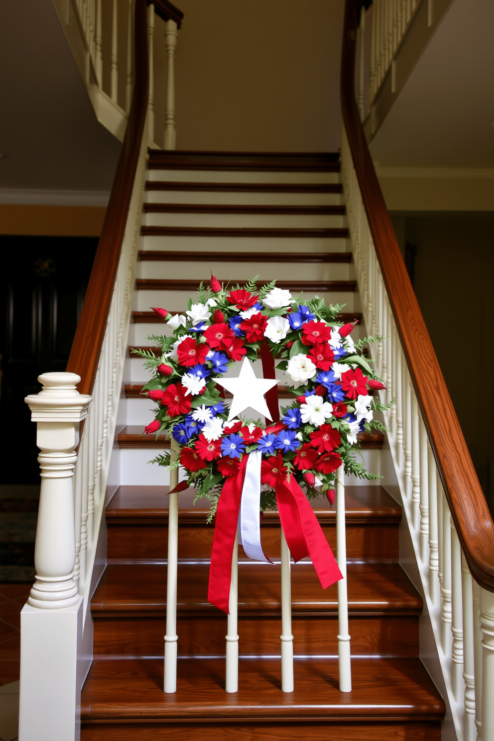 A beautiful staircase adorned with a patriotic wreath on the railing. The wreath features vibrant red, white, and blue flowers, creating a festive atmosphere for Independence Day celebrations.