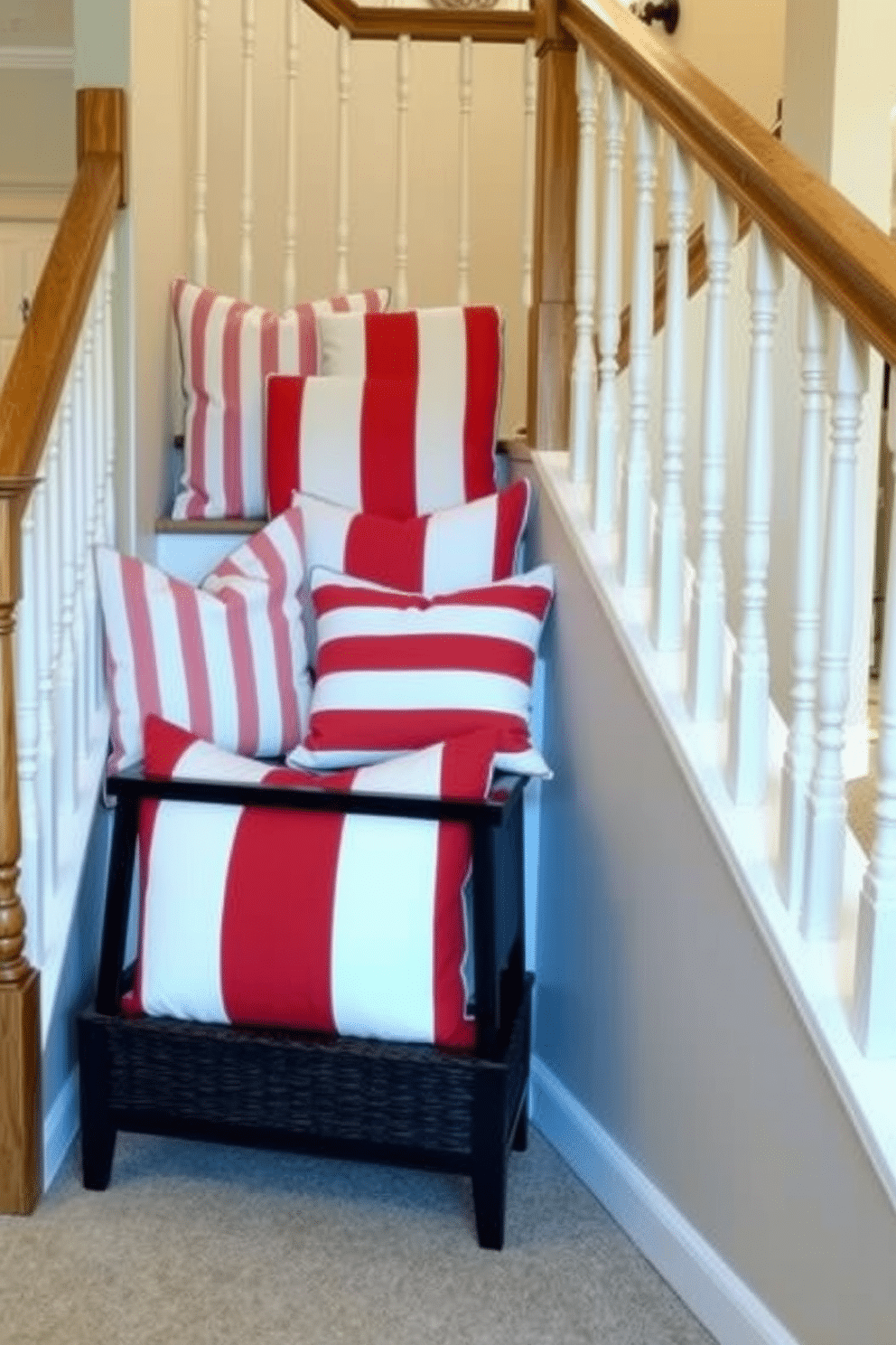 A stylish staircase adorned with red and white striped throw pillows creates a festive atmosphere for Independence Day. The pillows are arranged in a casual yet inviting manner, complementing the wooden banister and the surrounding decor.