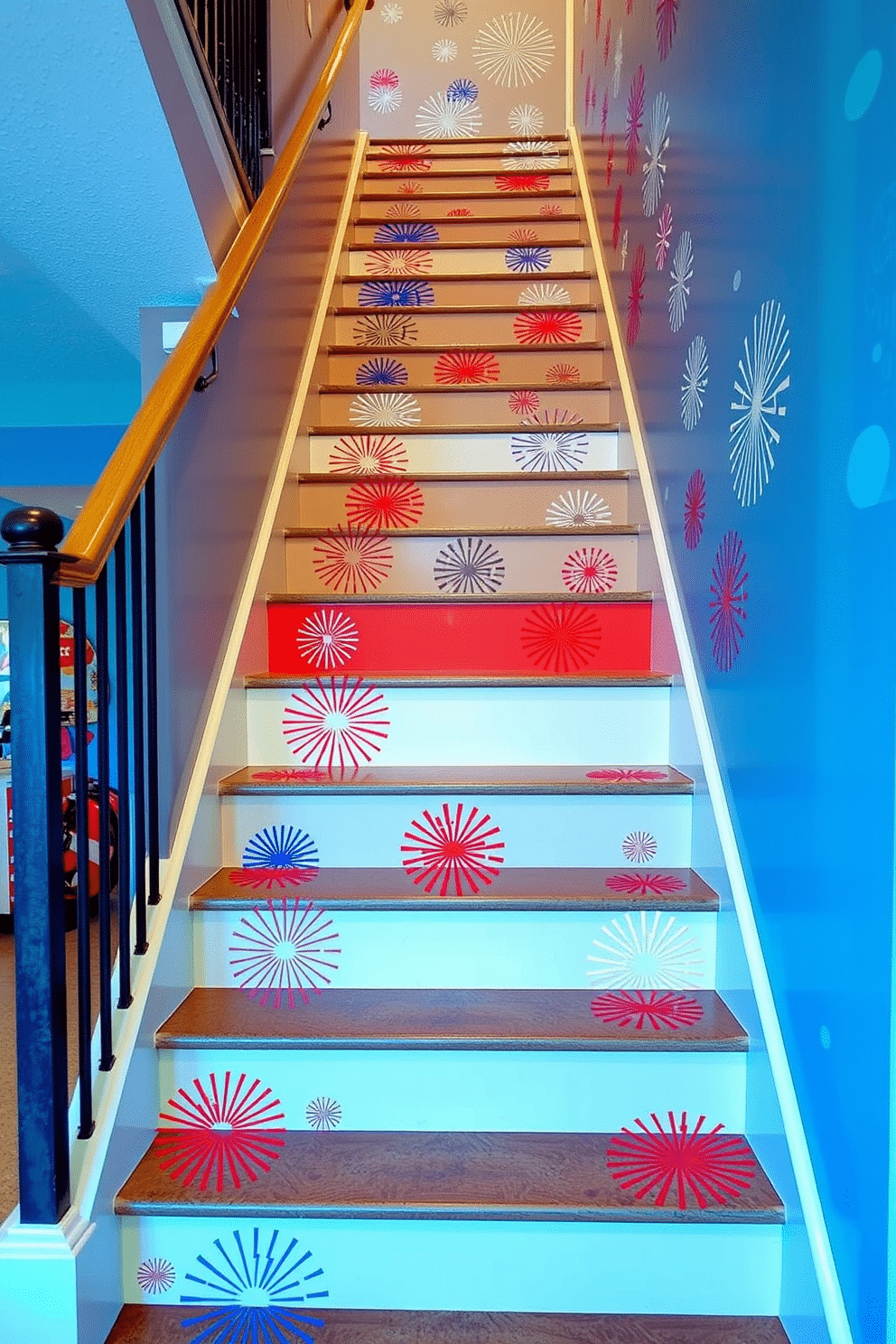 A vibrant staircase adorned with firework-inspired wall decals creates a festive atmosphere for Independence Day. The decals feature bursts of red, white, and blue, enhancing the visual appeal of each step.