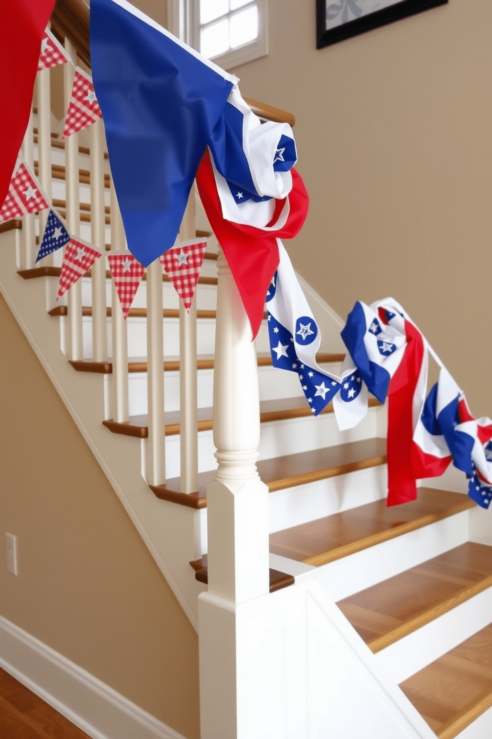 A festive staircase adorned with colorful bunting flags draped elegantly across the banister. The flags feature a mix of red white and blue colors celebrating Independence Day, creating a vibrant and patriotic atmosphere.