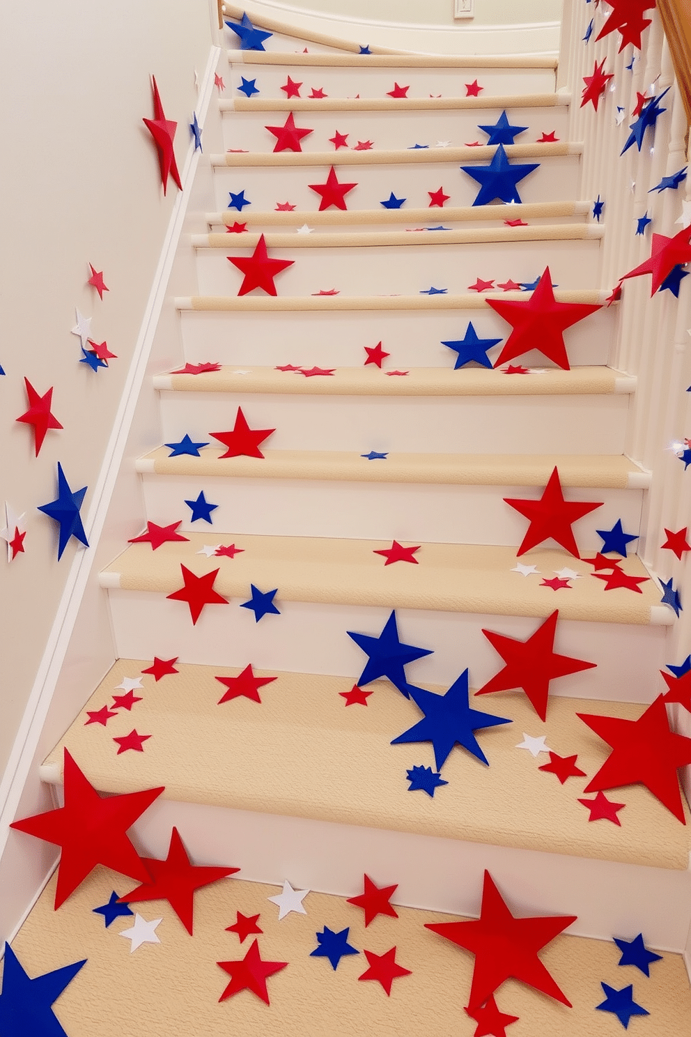 A festive staircase adorned with decorative stars in red white and blue. The stars are scattered across the steps creating a vibrant and patriotic atmosphere.