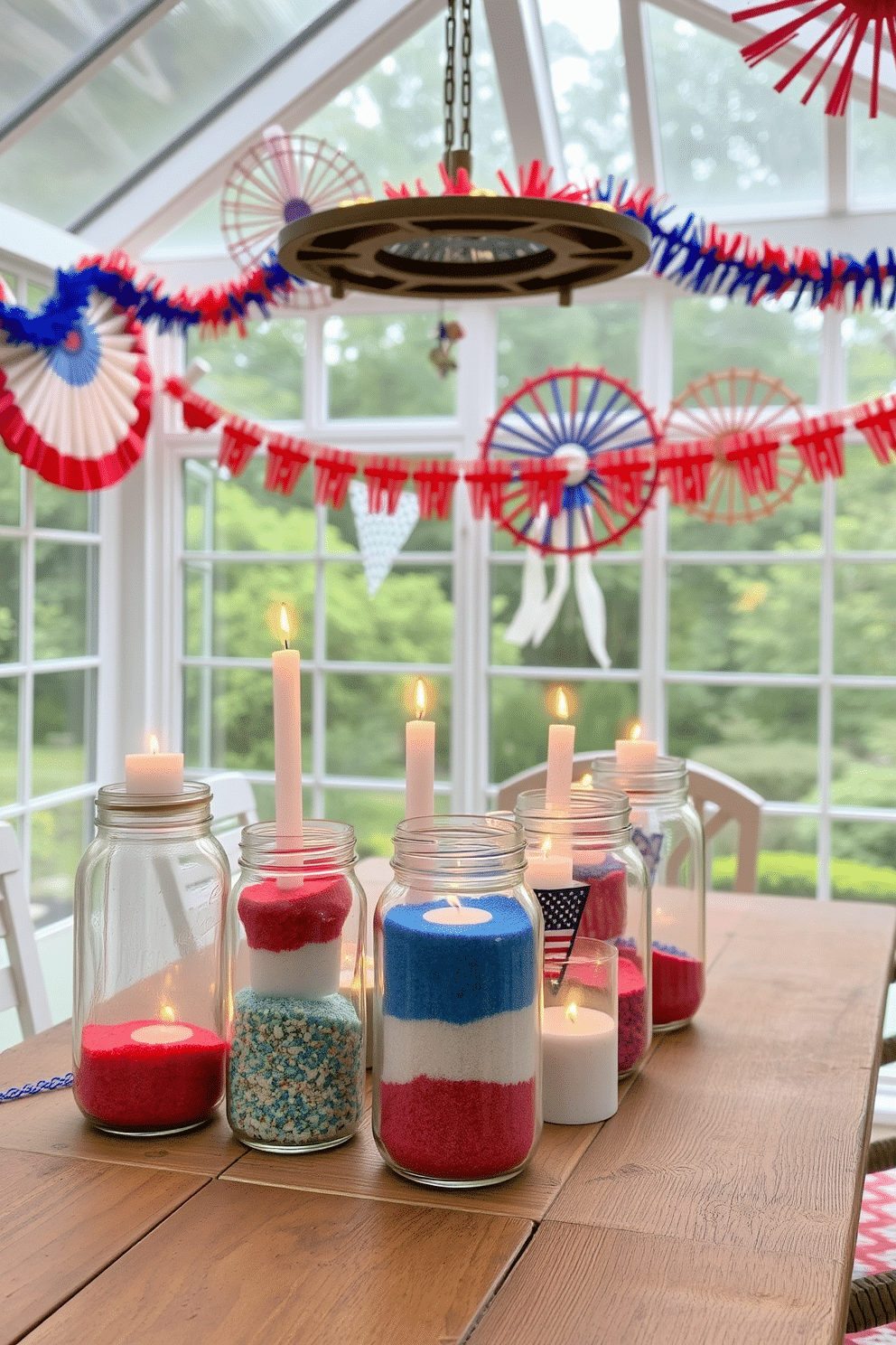 A sunroom filled with natural light featuring glass jars filled with colorful sand and flickering candles. The jars are arranged on a rustic wooden table, surrounded by vibrant red, white, and blue decorations celebrating Independence Day.