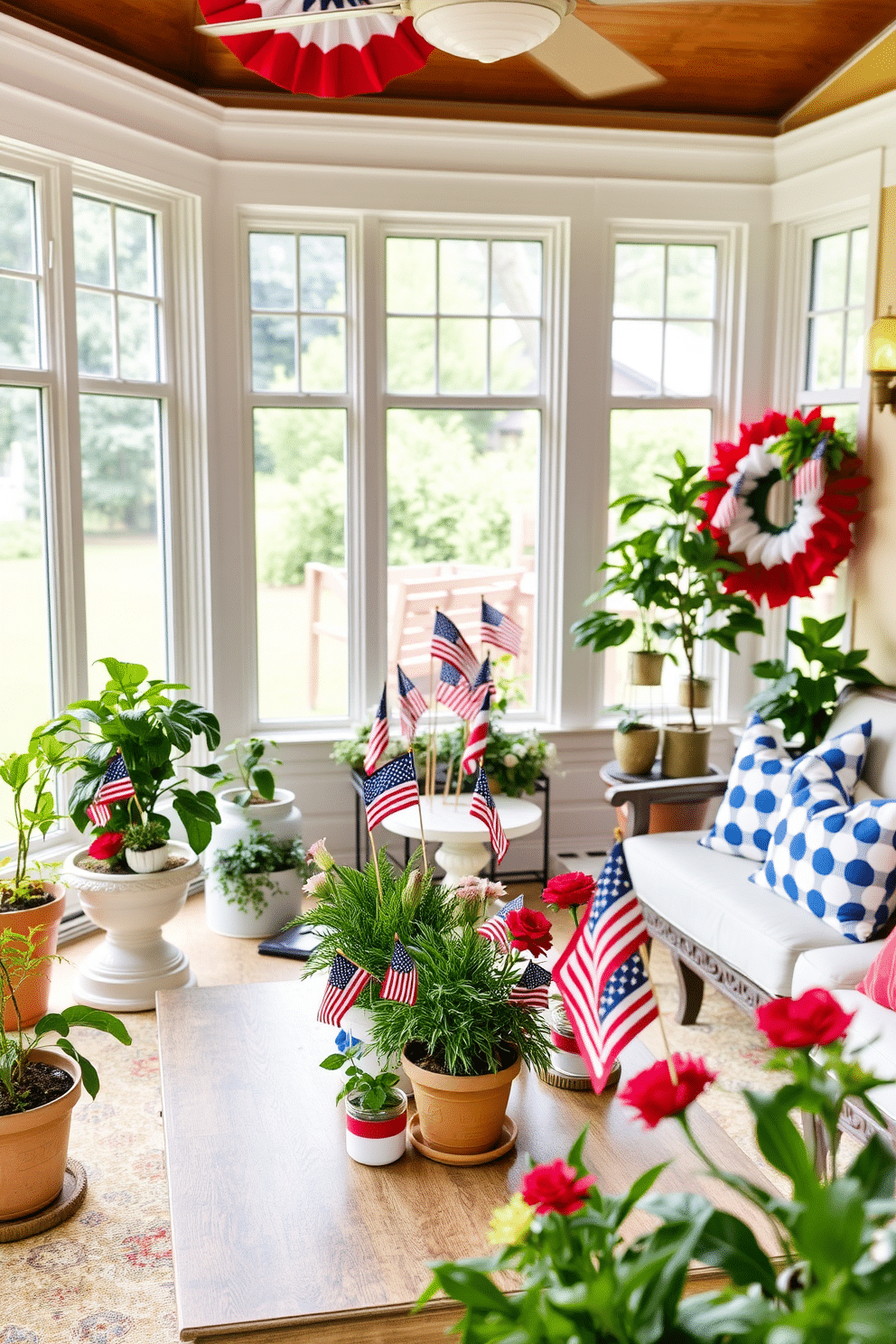 A bright and cheerful sunroom decorated for Independence Day. Miniature flags are placed in various potted plants, adding a festive touch to the space. The sunroom features large windows that let in natural light, creating a warm and inviting atmosphere. Comfortable seating is arranged around a coffee table, adorned with red, white, and blue decor elements.