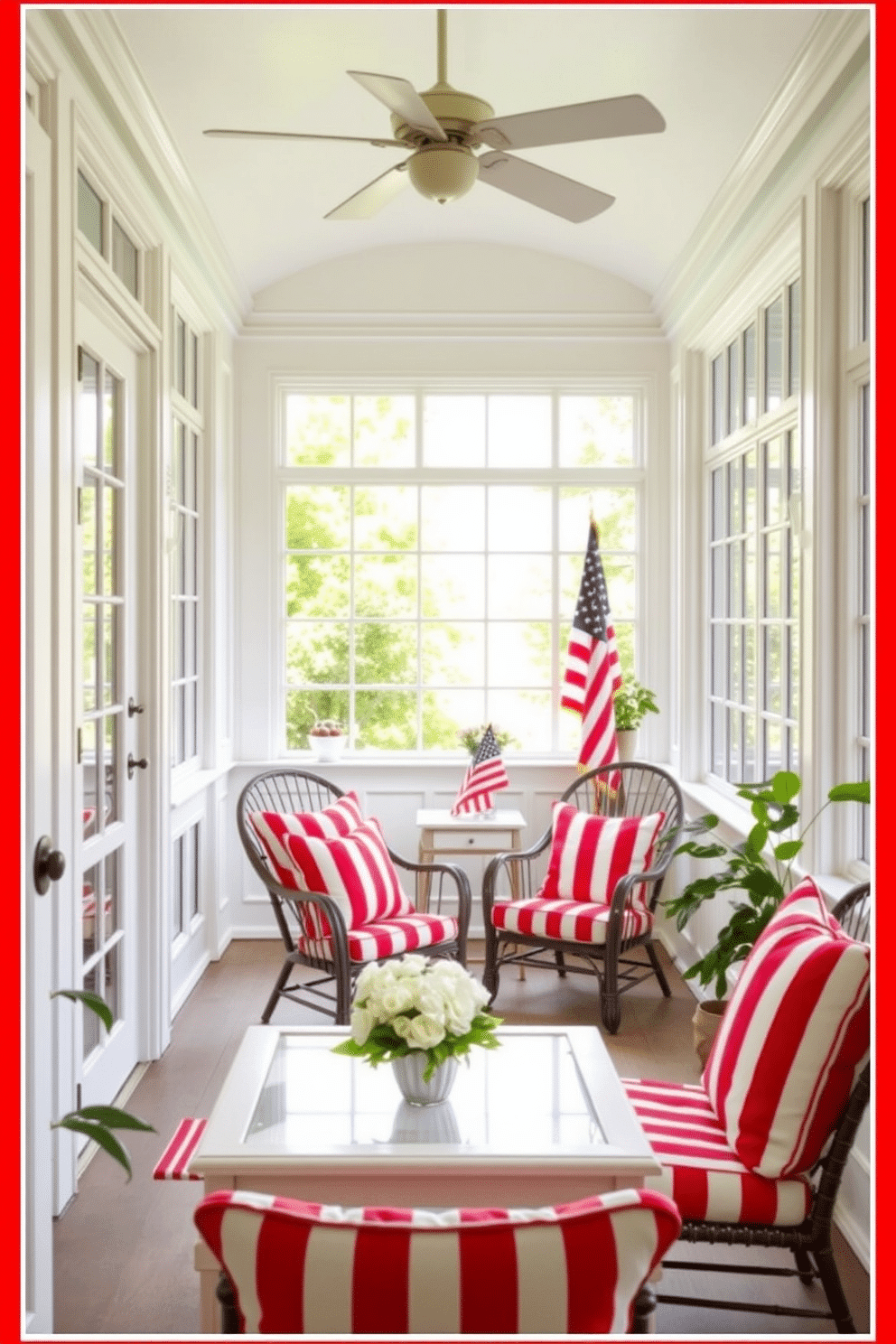 A vibrant sunroom filled with natural light. The chairs are adorned with red and white striped cushions, creating a festive atmosphere for Independence Day celebrations.