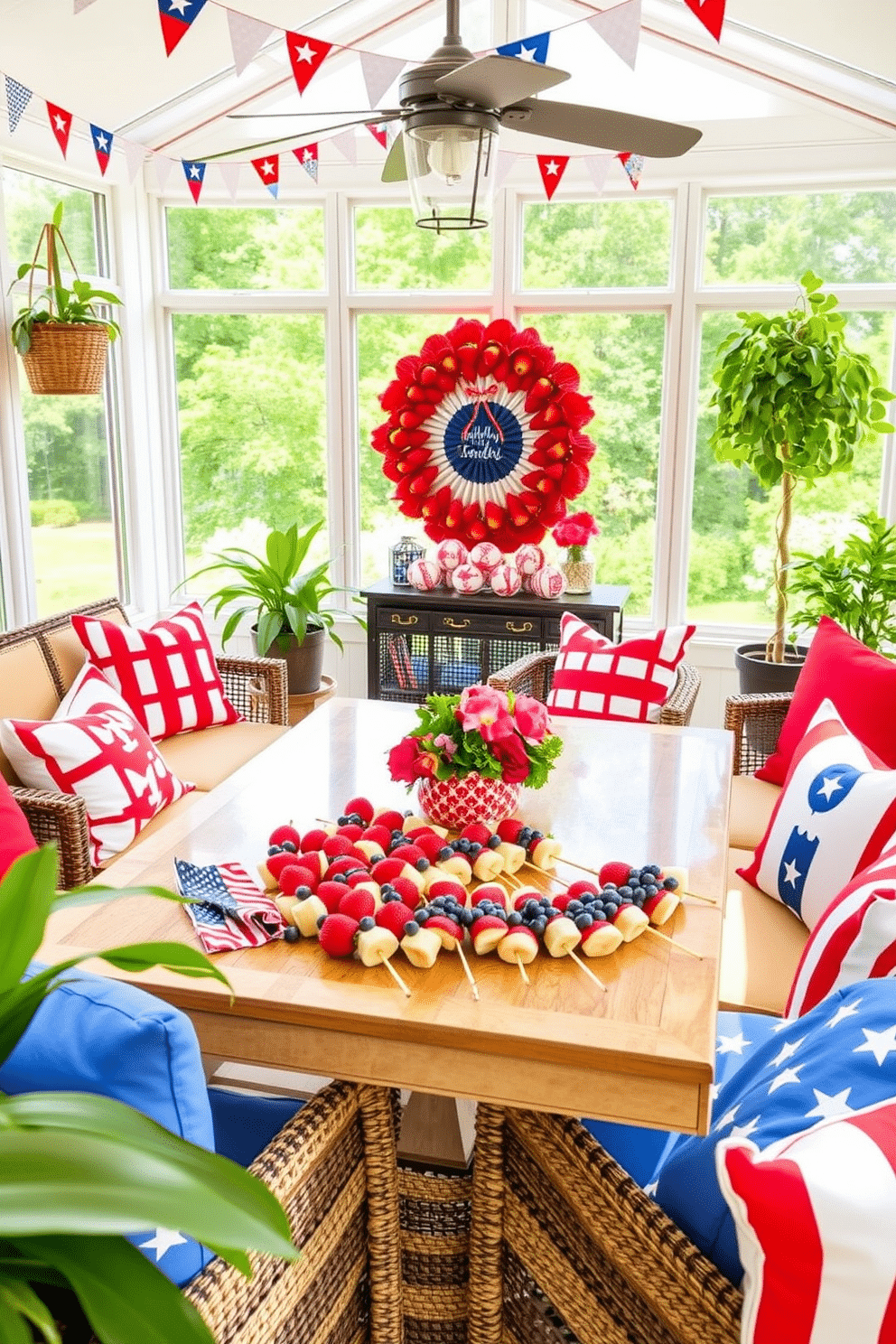 Create a vibrant sunroom setting perfect for Independence Day celebrations. The space is filled with natural light, featuring a large table adorned with festive fruit skewers, including strawberries, blueberries, and bananas arranged in a patriotic pattern. Surrounding the table, comfortable seating is draped with red, white, and blue throw pillows. Colorful bunting hangs from the ceiling, and potted plants add a touch of greenery to enhance the festive atmosphere.