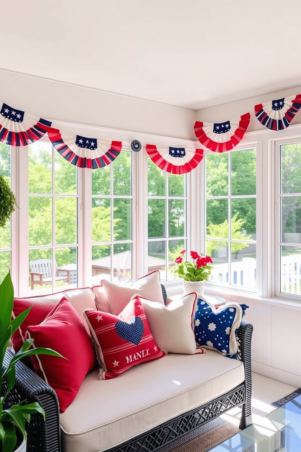 A sunroom decorated for Independence Day features vibrant patriotic bunting draped elegantly along the windows. The space is filled with natural light, highlighting a cozy seating area adorned with red, white, and blue throw pillows.