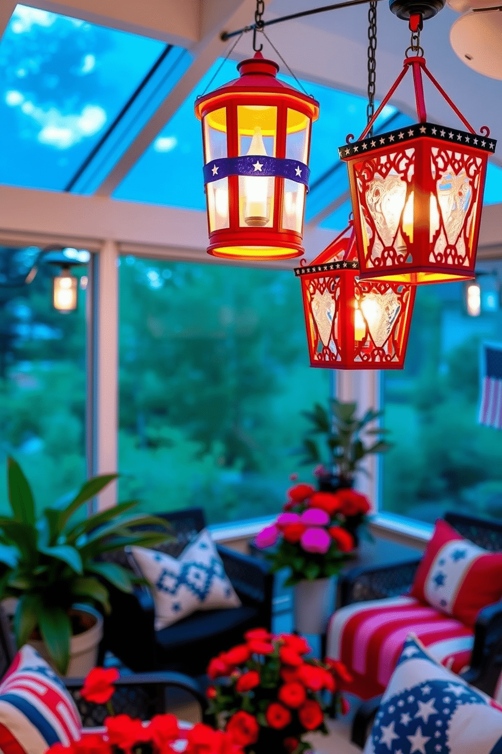 Outdoor lanterns with red and blue accents create a festive atmosphere for Independence Day celebrations. These lanterns can be hung from the ceiling or placed on tables to enhance the sunroom's decor. In the sunroom, incorporate comfortable seating with patriotic-themed cushions and throws. Brightly colored plants and flowers can complement the lanterns, adding a vibrant touch to the space.