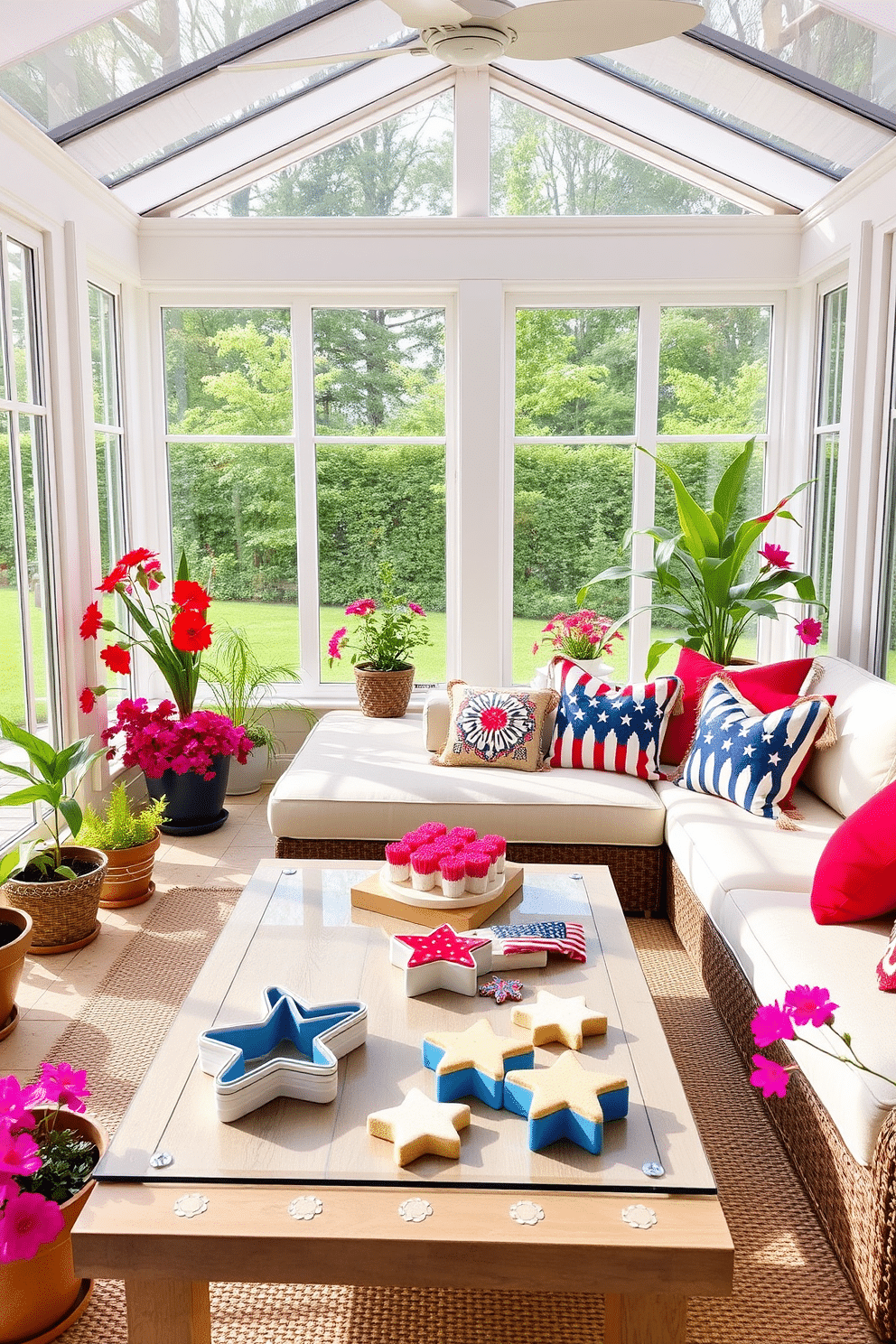 A bright sunroom filled with natural light. The space features a cozy seating area with a large sectional sofa adorned with red white and blue cushions. On the coffee table, star-shaped cookie cutters are arranged alongside a festive display of Independence Day treats. Potted plants in vibrant colors add a lively touch to the decor, enhancing the cheerful atmosphere.