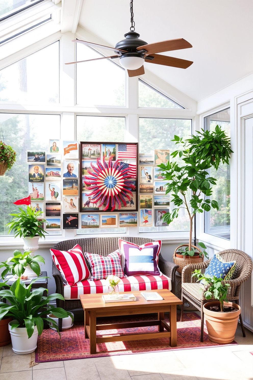 Create a sunroom that celebrates Independence Day with vintage patriotic postcards as decor. Arrange the postcards in a gallery wall format, showcasing a variety of designs and colors that evoke a sense of nostalgia and Americana. Incorporate comfortable seating with red, white, and blue cushions to enhance the festive atmosphere. Add potted plants and natural light streaming through large windows to create a welcoming and cheerful space.