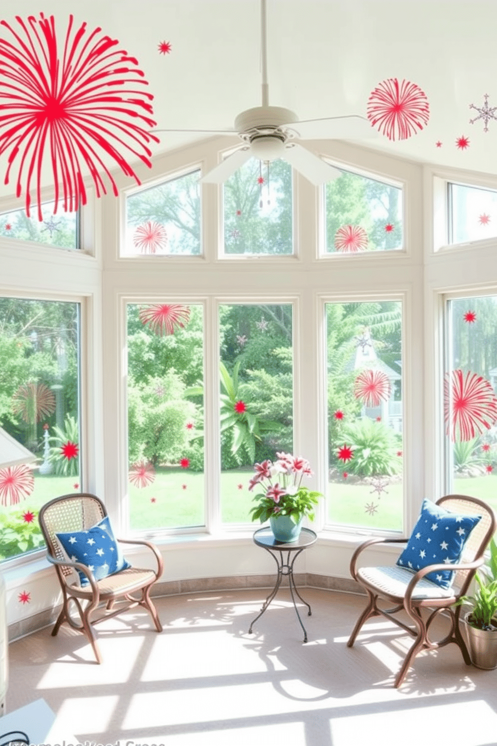 A vibrant sunroom decorated with firecracker-themed wall decals celebrating Independence Day. The walls are adorned with colorful decals featuring stars and bursts, creating a festive atmosphere.