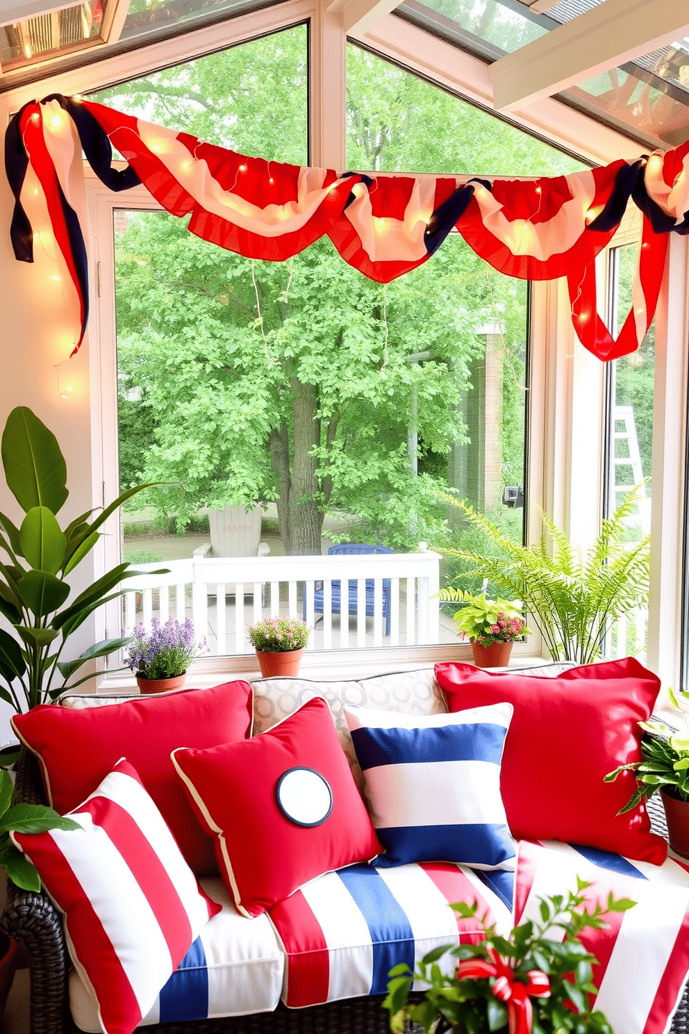 A vibrant sunroom decorated for Independence Day features a garland made of red white and blue fabric. The garland is draped across the window, with twinkling fairy lights intertwined to create a festive atmosphere. Colorful throw pillows in red white and blue are arranged on a comfortable seating area, inviting relaxation and celebration. Potted plants in the corners add a touch of greenery, enhancing the cheerful and patriotic ambiance.