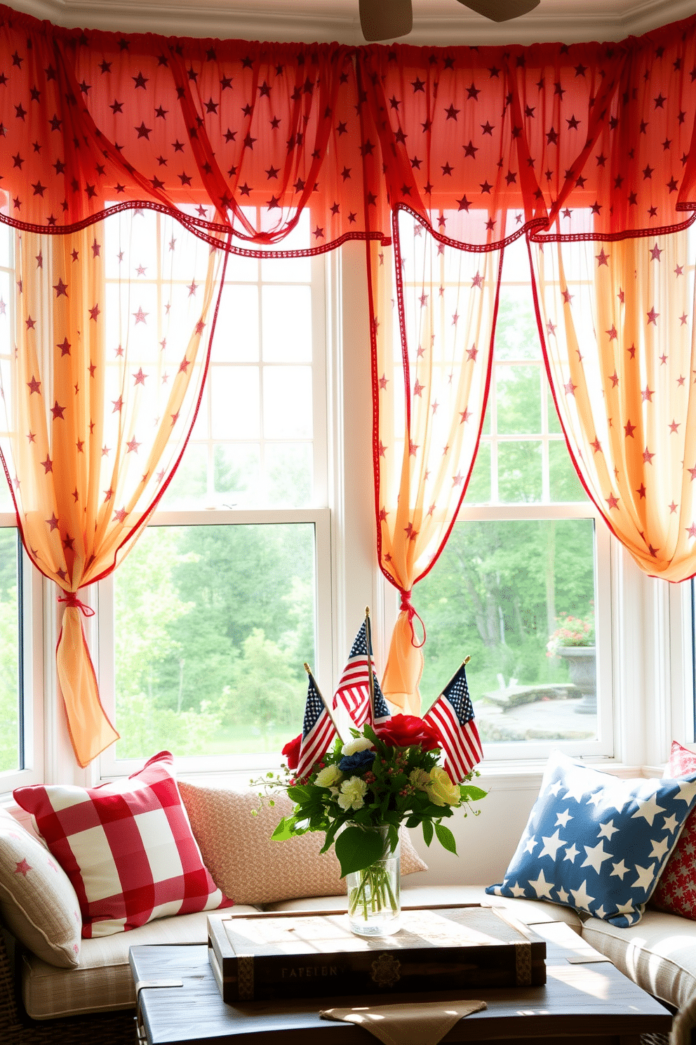 A bright sunroom adorned with star-patterned curtains that celebrate the festive spirit of Independence Day. The curtains billow gently in the breeze, complementing the natural light that floods the space. Beneath the windows, a cozy seating area features a mix of red, white, and blue throw pillows. A rustic coffee table, decorated with a centerpiece of fresh flowers and small flags, adds to the patriotic ambiance.