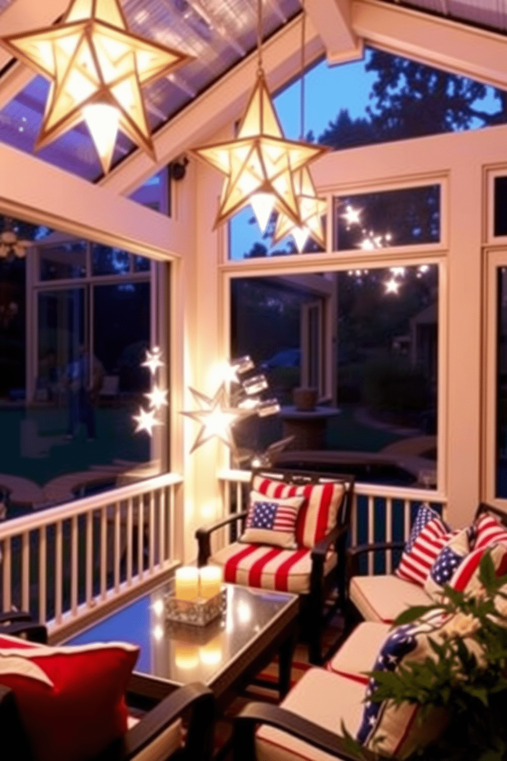 A sunroom adorned with star-shaped lanterns casts a warm and inviting glow for evening gatherings. The space features comfortable seating with patriotic-themed cushions and a vibrant red, white, and blue color palette, creating a festive atmosphere for Independence Day celebrations.