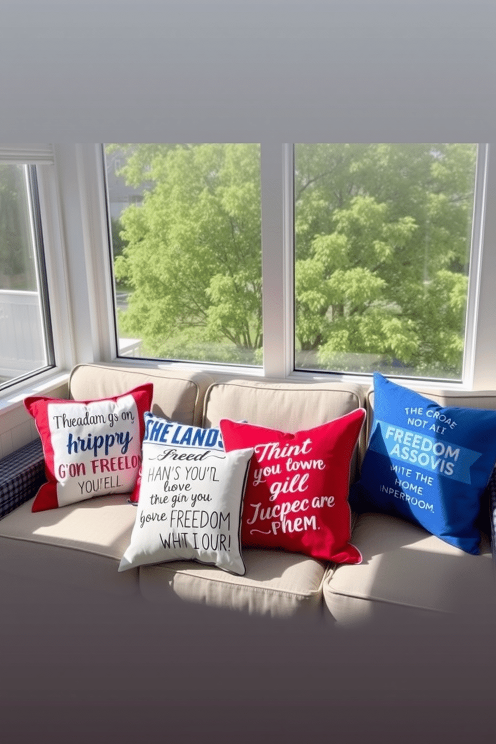 Decorative pillows are arranged on a cozy sunroom sofa, featuring quotes about freedom and independence. The pillows are in vibrant red, white, and blue fabrics, adding a festive touch to the bright and airy space.