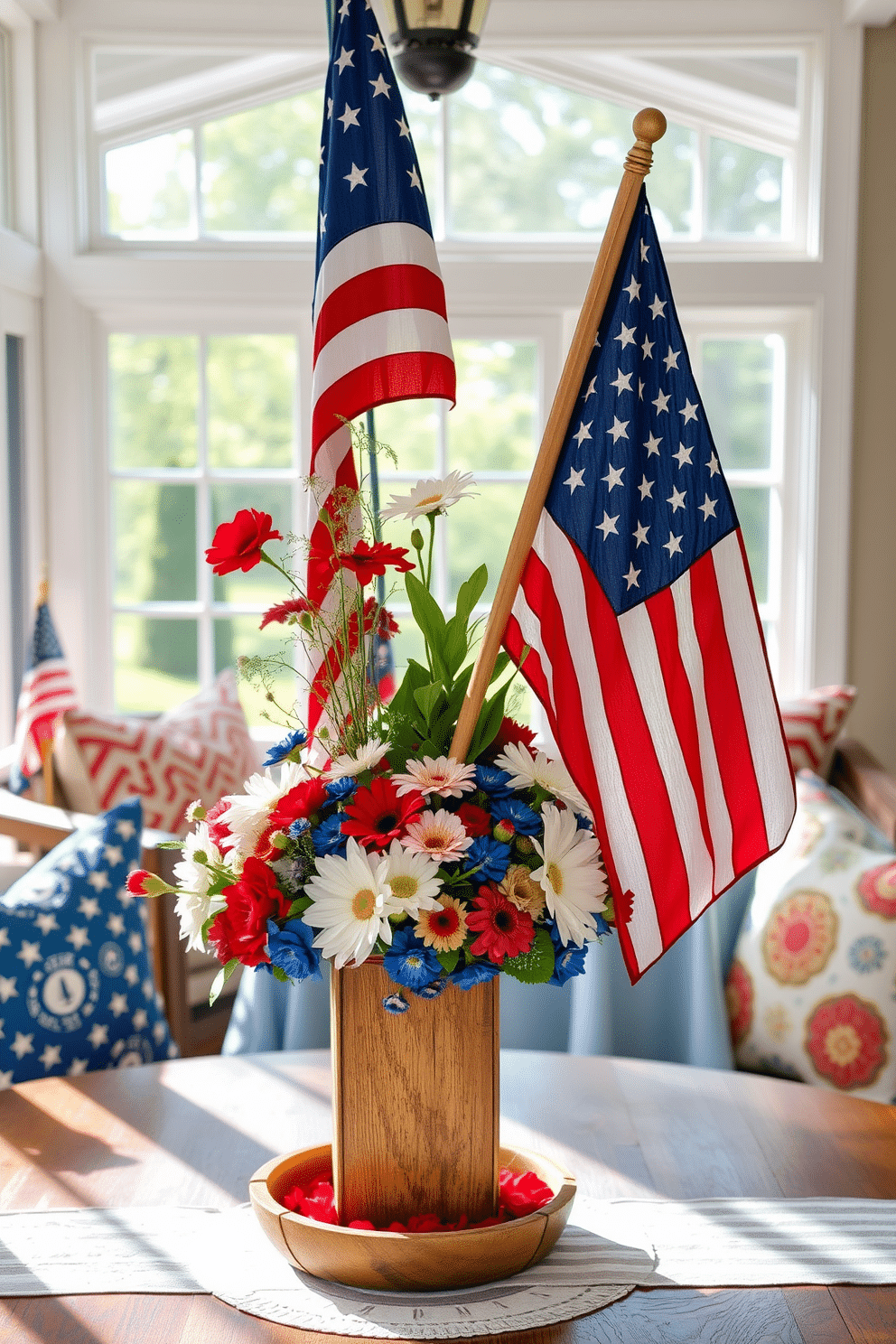 A festive table centerpiece featuring a vibrant American flag as the focal point. Surround the flag with red white and blue flowers in a rustic wooden vase for a patriotic touch. In the sunroom create a cozy atmosphere with comfortable seating and natural light. Use colorful throw pillows and a light blue tablecloth to enhance the Independence Day theme.