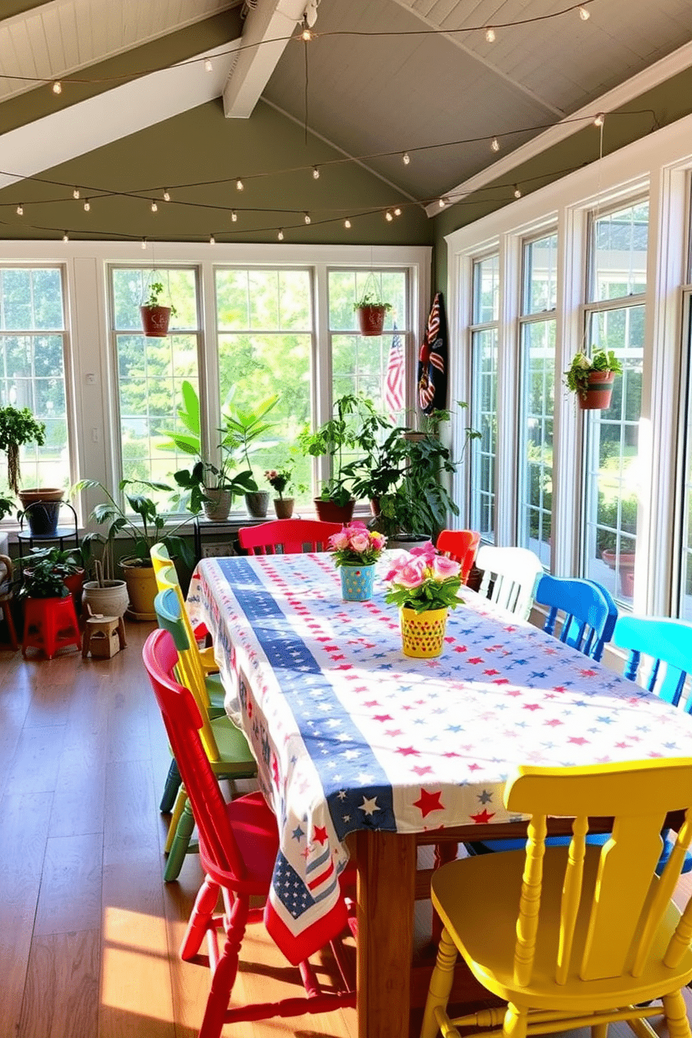 A festive tablecloth adorned with stars and stripes covers a long wooden dining table. Surrounding the table are mismatched chairs painted in vibrant colors, creating a cheerful atmosphere. In the sunroom, large windows allow natural light to flood in, illuminating potted plants and red, white, and blue decor. String lights are draped across the ceiling, adding a warm glow to the festive setting.