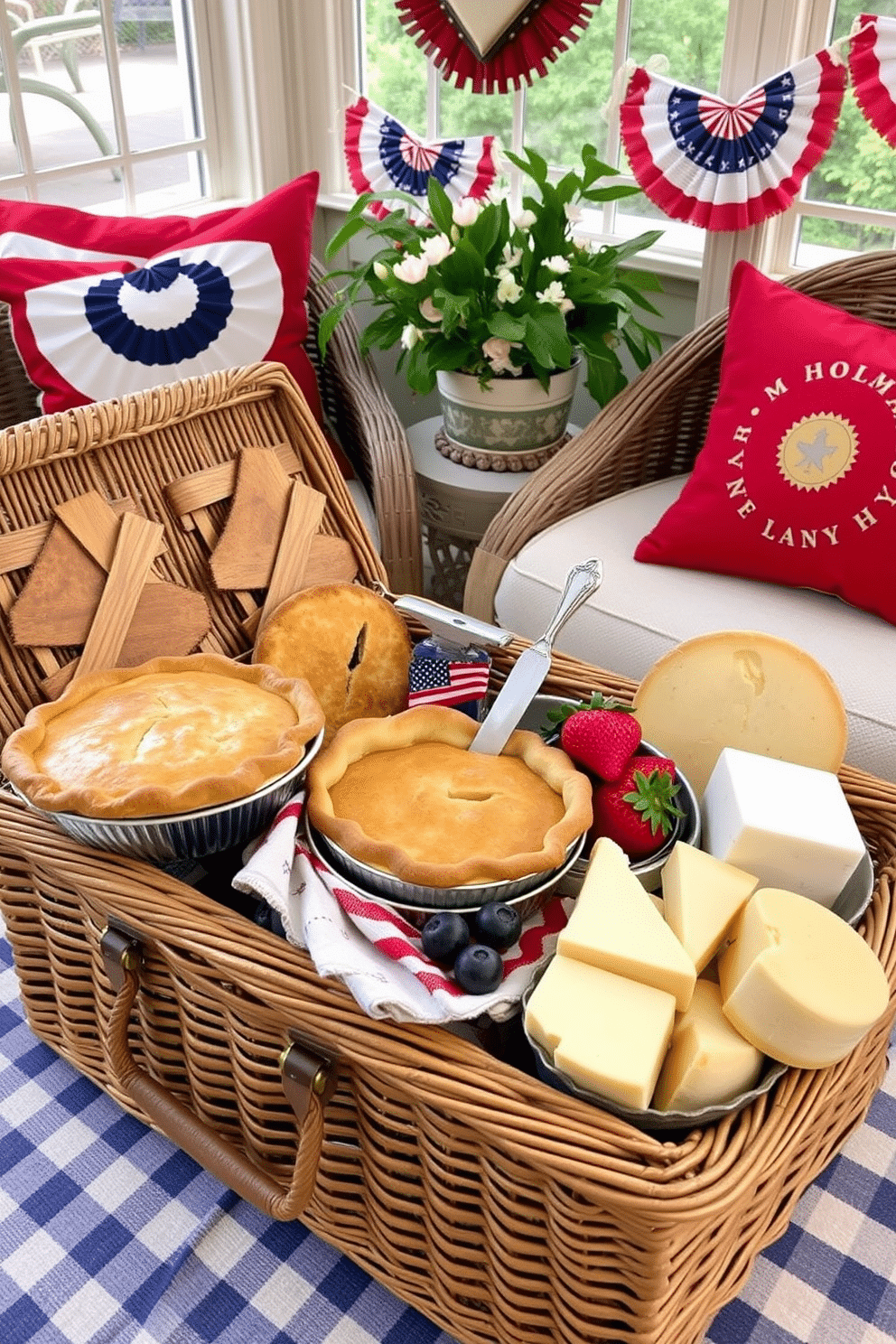 A vintage picnic basket is filled with an assortment of delicious treats, including homemade pies, fresh fruits, and artisanal cheeses. The sunroom is adorned with red, white, and blue decorations, featuring bunting and cushions that celebrate Independence Day.