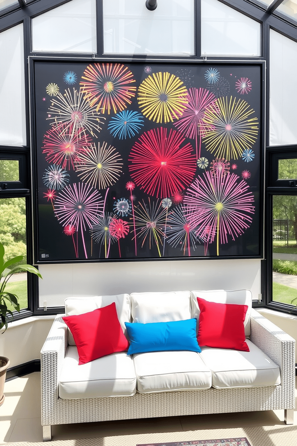 A vibrant sunroom featuring a large wall art display that showcases colorful fireworks in various shapes and sizes. The artwork is framed in sleek black frames and is complemented by bright red and blue cushions on a comfortable white sofa.