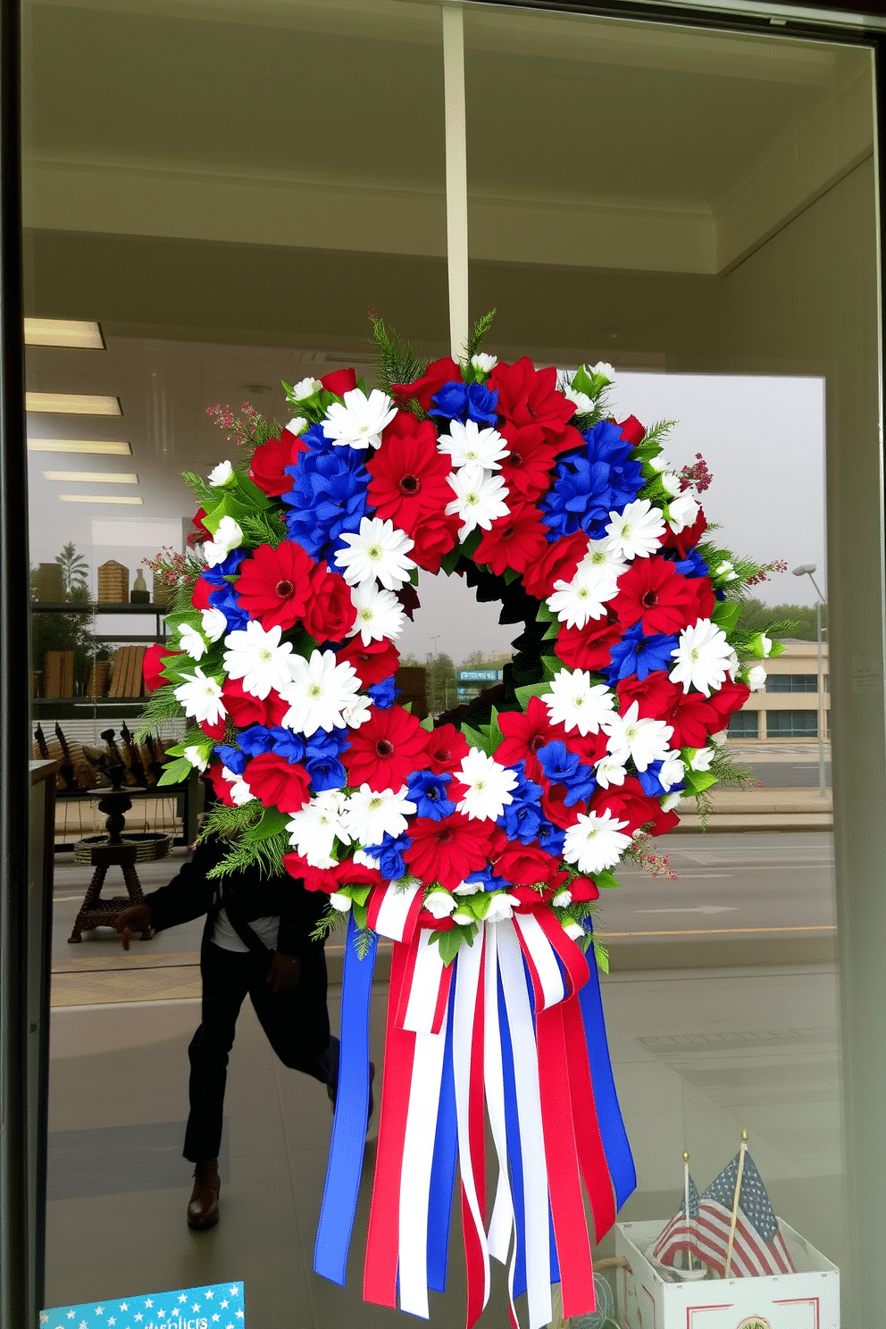 A festive window display adorned with a large patriotic wreath featuring vibrant red, white, and blue flowers. The wreath is complemented by cascading ribbons in matching colors, creating a cheerful and celebratory atmosphere for Independence Day.