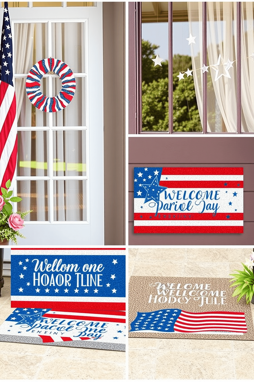 Festive doormats featuring patriotic messages welcome guests with vibrant colors and bold designs. Each mat showcases symbols of Independence Day, such as stars and stripes, creating a cheerful entrance to celebrate the holiday. For window decorating ideas, consider using red, white, and blue curtains or sheer drapes that flutter gently in the breeze. Add decorative window decals or hanging stars to enhance the festive atmosphere and show off your patriotic spirit.