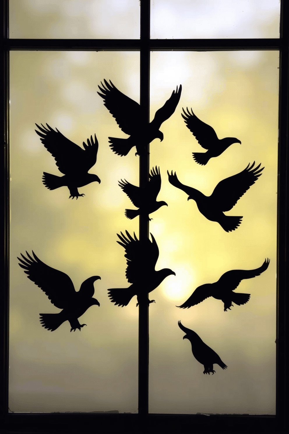 Creative window silhouettes of eagles for Independence Day. The eagles are designed in various sizes to create a dynamic visual effect against the window backdrop. The silhouettes are made from black cardstock and are placed at different heights to mimic flight. Soft, ambient lighting from behind enhances the dramatic look, celebrating the spirit of freedom.