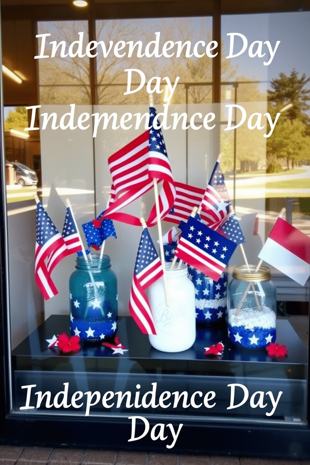 Create a festive window display for Independence Day featuring decorative jars filled with various flags. Arrange the jars in a visually appealing manner, incorporating red, white, and blue elements to enhance the patriotic theme.