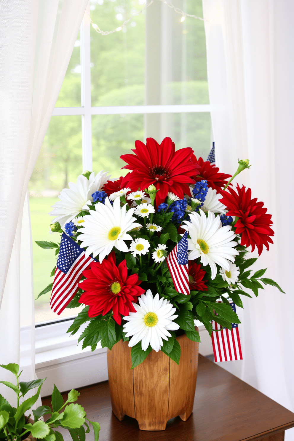 A patriotic themed floral arrangement featuring red white and blue flowers in a rustic wooden vase. The arrangement includes vibrant dahlias and delicate white daisies surrounded by lush greenery and small American flags. For the window decorating ideas incorporate sheer white curtains that allow natural light to filter through. Hang a string of twinkling lights along the window frame to create a festive atmosphere for Independence Day celebrations.