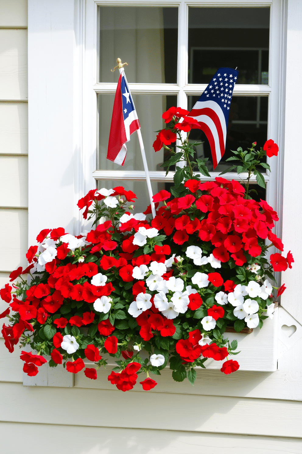 A charming window box adorned with vibrant red white and blue flowers celebrating Independence Day. The arrangement features petunias and geraniums overflowing with color, set against a classic white wooden window frame.