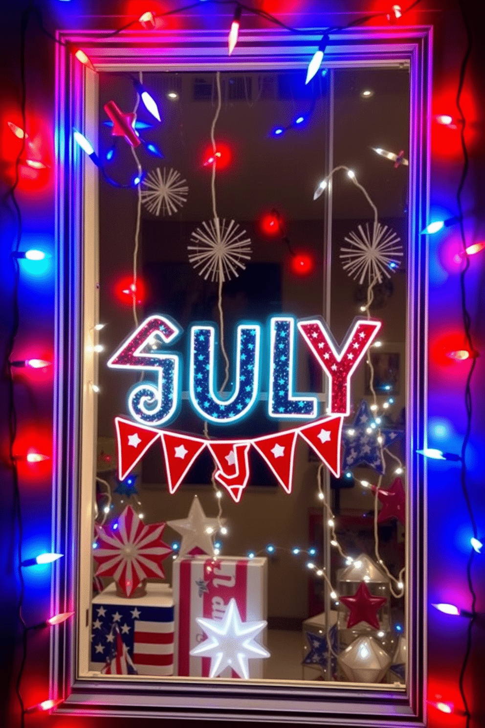 A festive window display adorned with vibrant Fourth of July themed string lights creates a celebratory atmosphere. The lights twinkle in red, white, and blue, framing the window and enhancing the patriotic spirit of the Independence Day celebration.