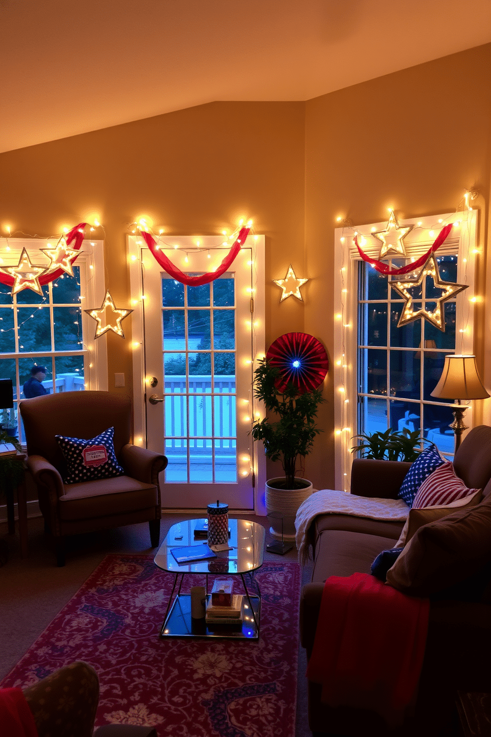 A cozy living room adorned with star shaped fairy lights draped elegantly across the windows. The warm glow of the lights creates a festive atmosphere, celebrating Independence Day with red, white, and blue decorations.