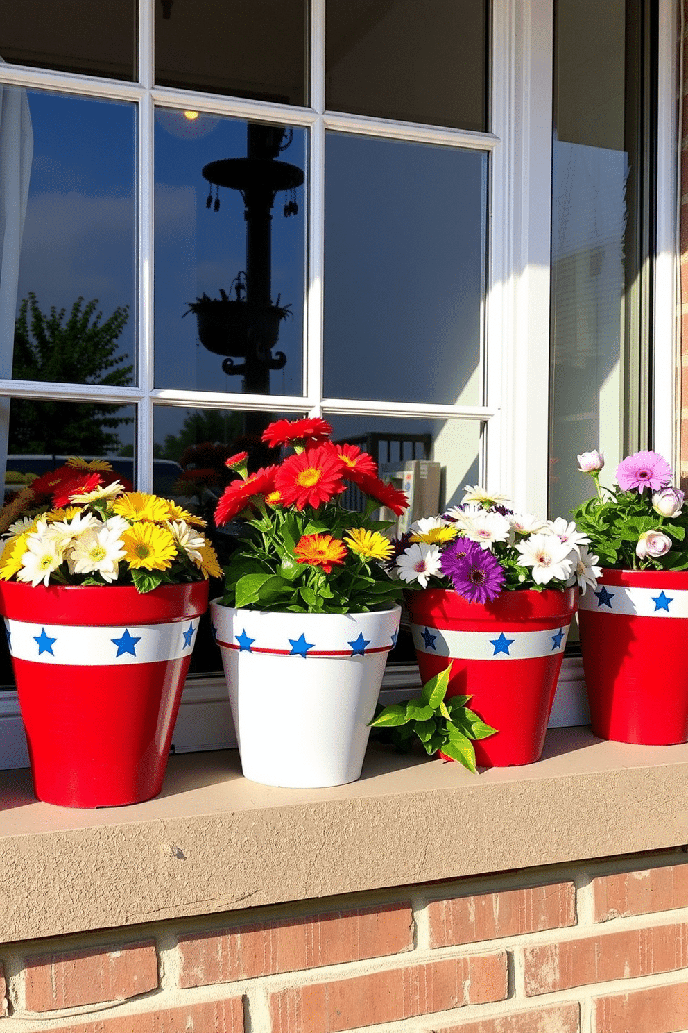 A festive window display features flower pots painted in vibrant red, white, and blue. Each pot is adorned with seasonal flowers, creating a cheerful atmosphere for Independence Day celebrations.