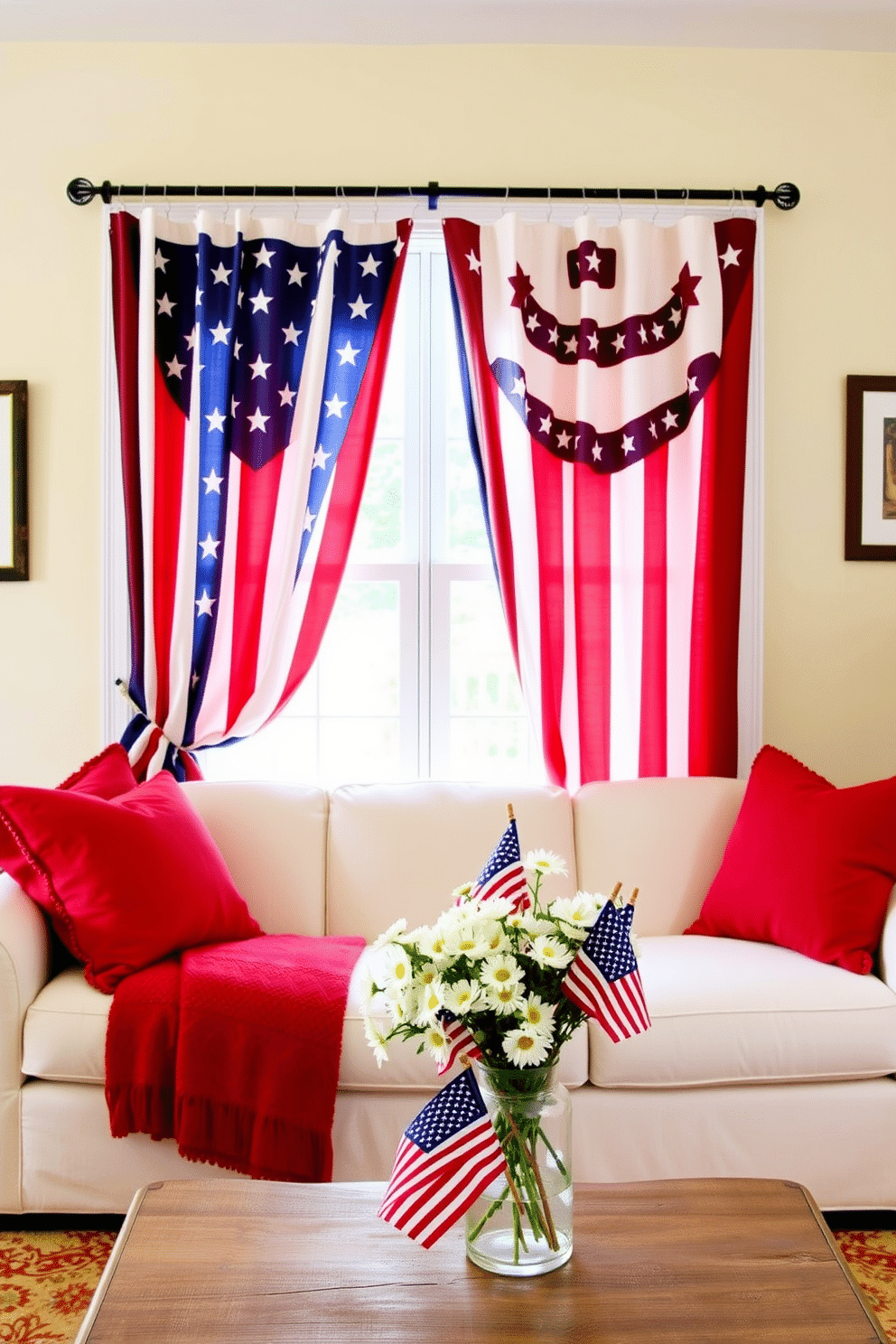 A festive living room adorned with star spangled banner window drapes that celebrate Independence Day. The drapes feature vibrant red white and blue colors creating a patriotic atmosphere while allowing natural light to filter through. Beneath the window the room includes a cozy seating area with a plush white sofa and red accent pillows. A rustic wooden coffee table is decorated with a bouquet of white daisies and small American flags for an added touch of holiday spirit.