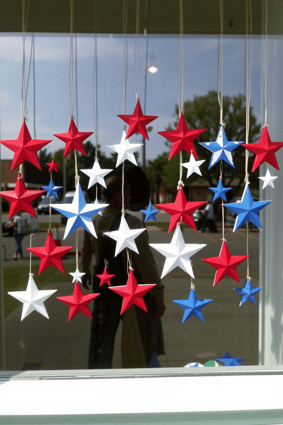 A festive window display celebrating Independence Day features a collection of red white and blue painted wooden stars arranged in a charming pattern. The stars vary in size and are suspended with twine, creating a playful yet patriotic atmosphere that enhances the holiday spirit.