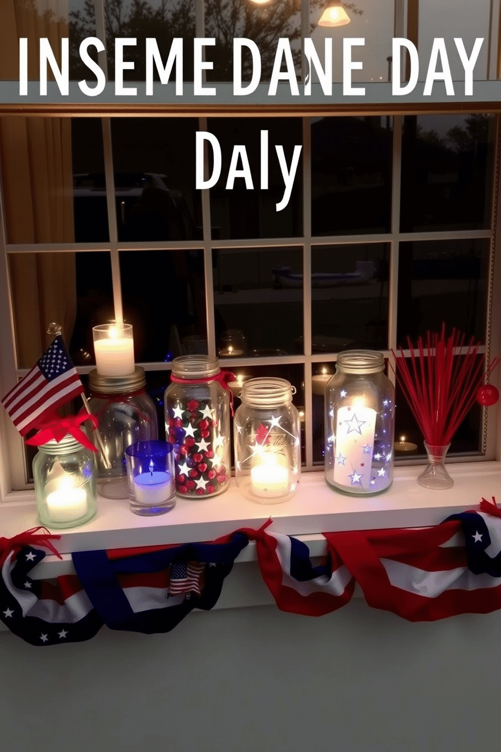 Create a festive window display for Independence Day featuring decorative glass jars filled with candles. The jars are arranged on a windowsill adorned with red white and blue accents creating a patriotic atmosphere.