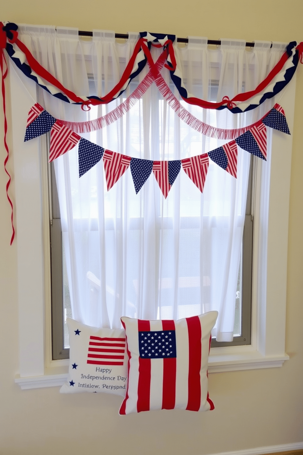 Independence Day themed throw pillows designed with vibrant red white and blue colors. The pillows feature stars and stripes patterns along with patriotic quotes creating a festive atmosphere. Independence Day window decorating ideas that include sheer white curtains adorned with small American flags. Red and blue bunting is draped across the window frame adding a celebratory touch to the decor.