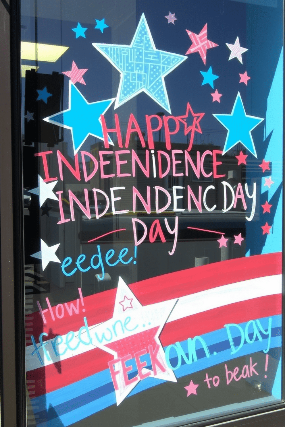 A vibrant window display featuring chalk art celebrating Independence Day. The design includes stars and stripes in red, white, and blue, with playful messages of freedom and patriotism written in bold, colorful chalk markers.