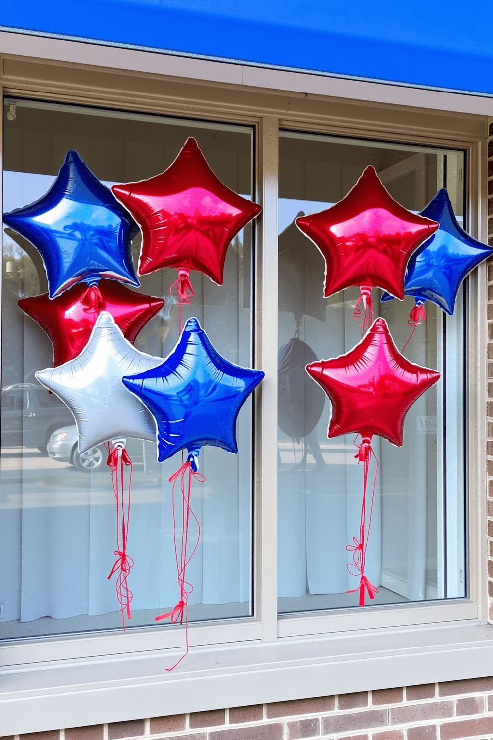 A festive window display featuring star shaped balloons in vibrant red white and blue colors. The balloons are tied to the window frames creating a cheerful atmosphere for Independence Day celebrations.