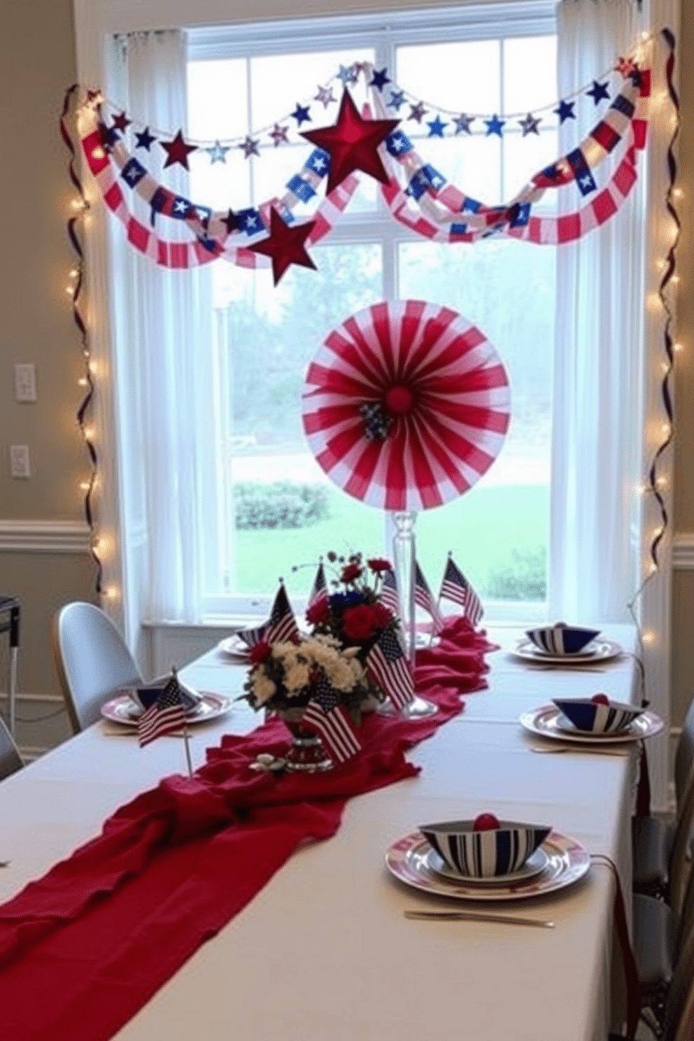 A festive table setting for Independence Day features a long white tablecloth adorned with red and blue accents. Centerpieces include small American flags, vibrant floral arrangements, and themed tableware that captures the spirit of the holiday. For window decorating ideas, imagine a display of stars and stripes garlands hanging elegantly across the window. Red, white, and blue window treatments complement the decor, while twinkling fairy lights add a celebratory glow.