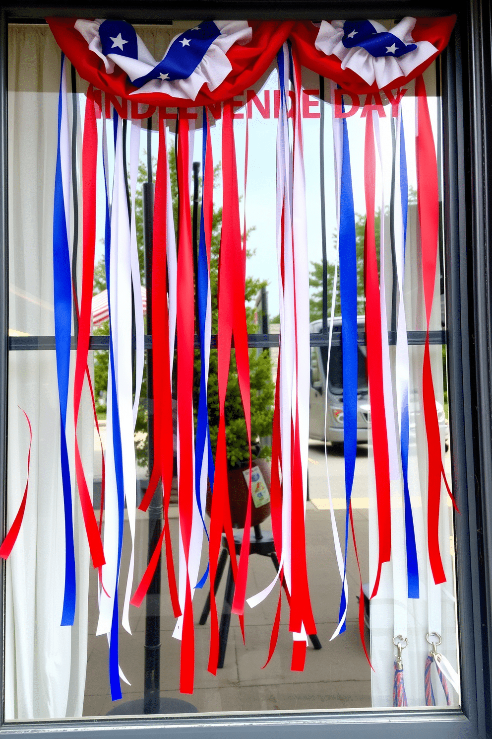 A festive window display celebrating Independence Day features hanging ribbons in vibrant red, white, and blue cascading down from the top of the window frame. The ribbons create a joyful atmosphere, fluttering gently in the breeze and drawing attention to the patriotic theme of the decor.