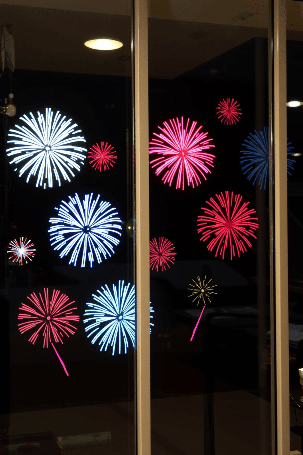 A festive window display featuring fireworks-themed decals in vibrant colors. The decals showcase various firework designs bursting in the night sky, creating a celebratory atmosphere for Independence Day.