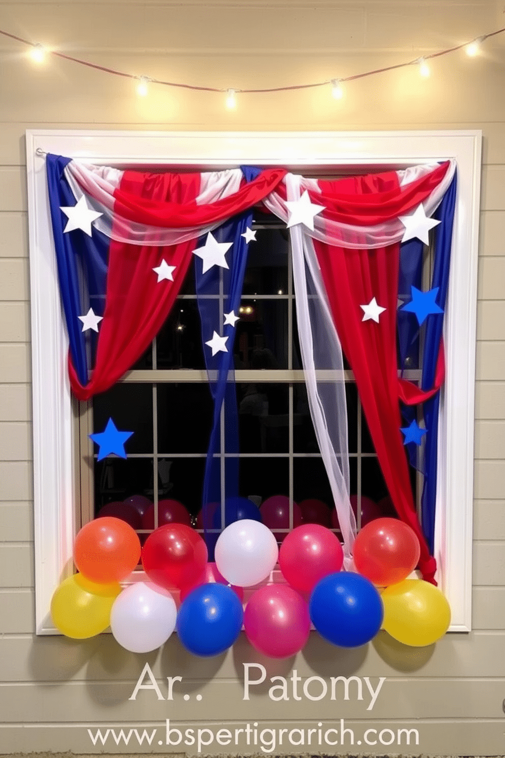 A festive DIY photo booth backdrop is created using red white and blue fabric draped across the window. Stars and stripes are added with paper cutouts to enhance the Independence Day theme. Colorful balloons are arranged at the base of the window creating a cheerful atmosphere. String lights are hung above to add a warm glow for evening celebrations.