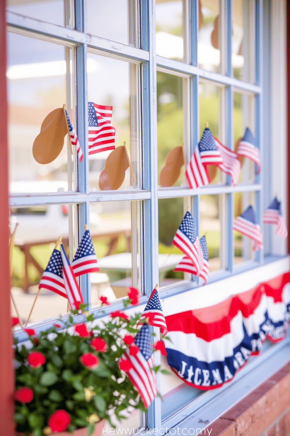 A festive window display featuring miniature American flags strategically placed in each windowpane. The vibrant colors of red, white, and blue create a cheerful atmosphere, perfect for celebrating Independence Day.